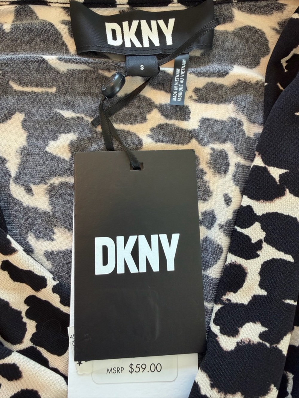 NWT DKNY Black and Cream Animal Print Wrap-Front Blouse - Picture 3 of 7